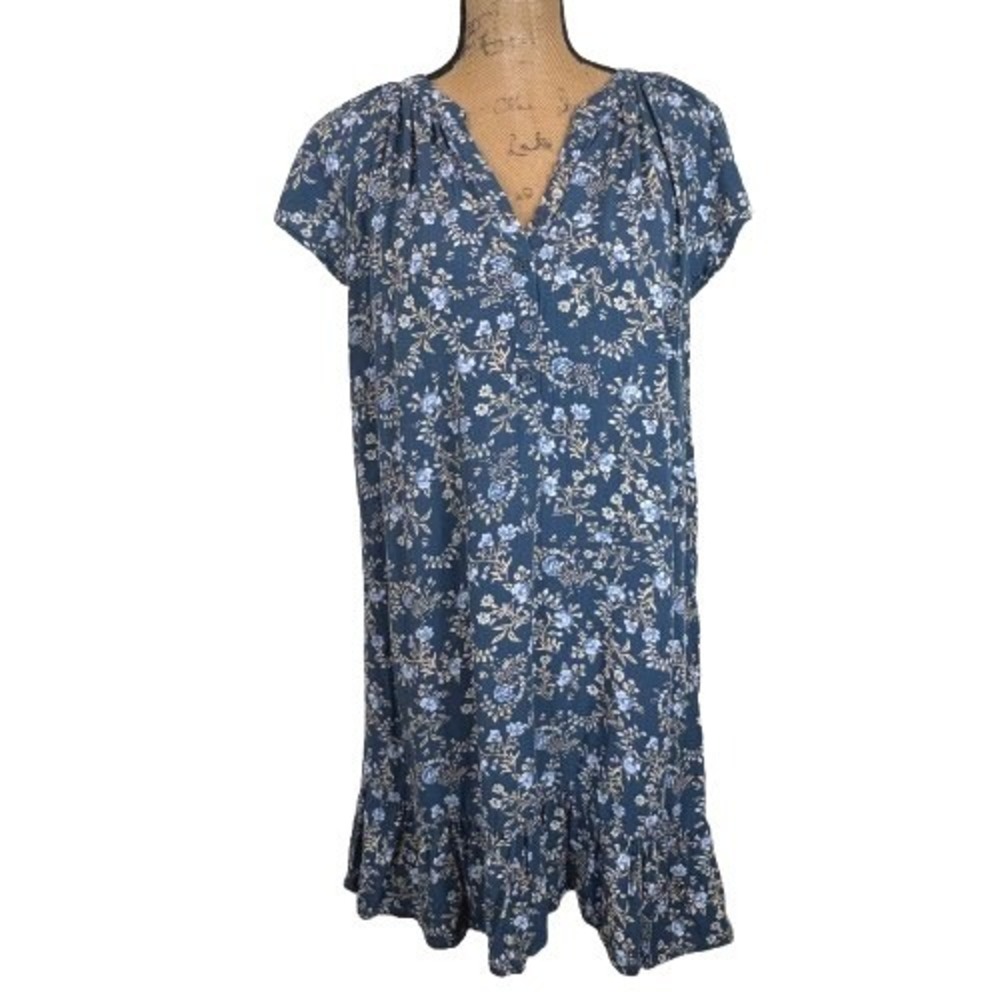 Lucky Brand Flutter Sleeve Dress Blue Floral Rayon Garden Party Size Medium